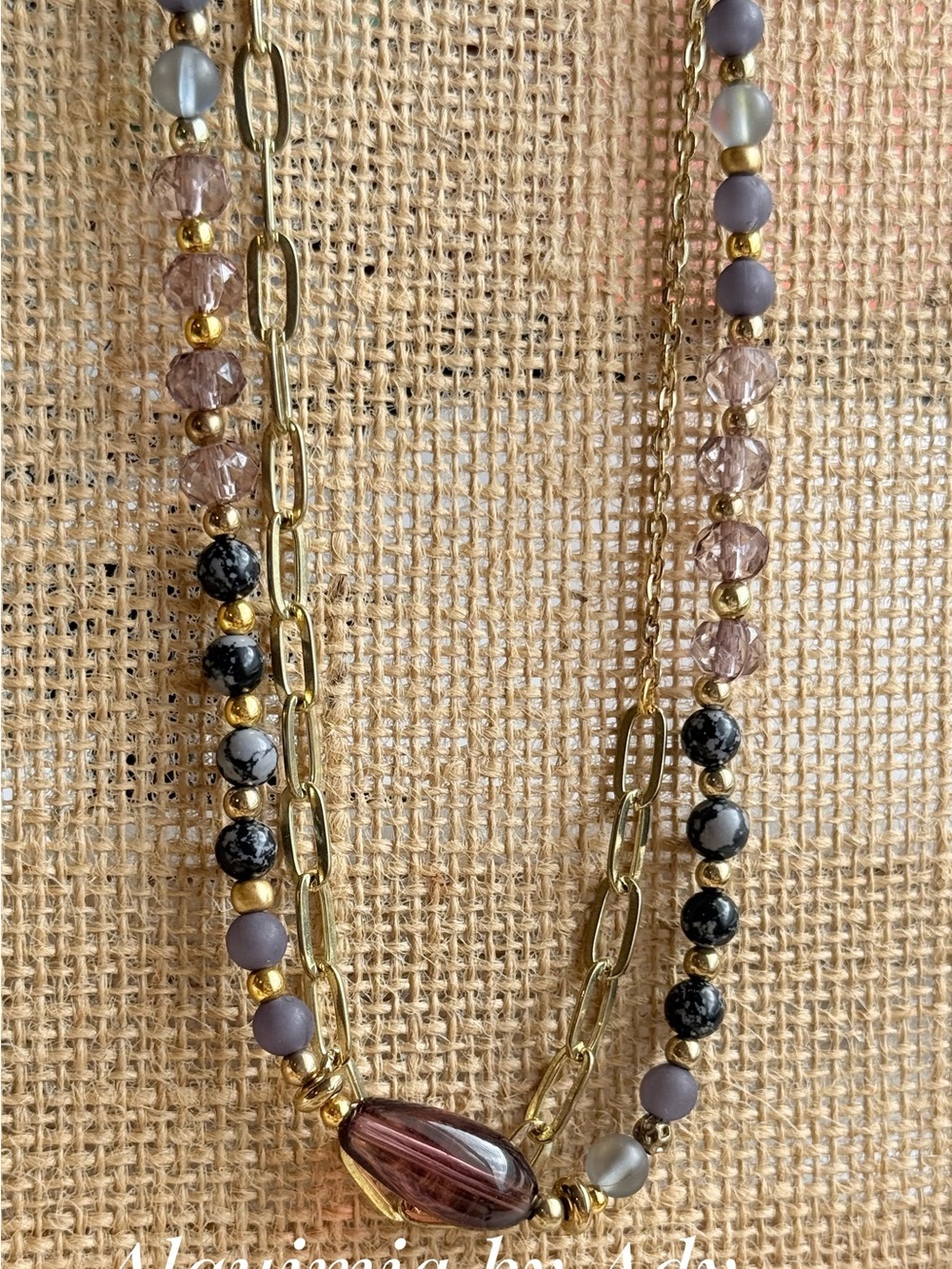 Gold Layered Necklace with Purple and Black agate Beads